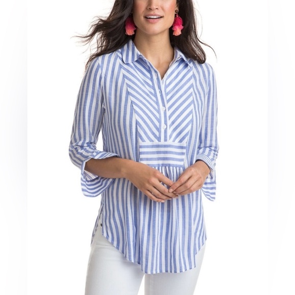 Vineyard Vines blue white striped blouse 3/4 sleeve tunic top preppy medium - Picture 1 of 9